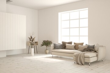 White living room with sofa. Scandinavian interior design. 3D illustration