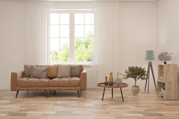 White living room with sofa and summer landscape in window. Scandinavian interior design. 3D illustration
