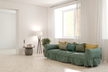 Obraz premium White scandinavian interior design with sofa. 3D illustration