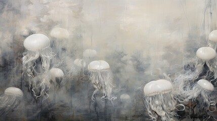  a painting of a group of jellyfish floating in a pond of water with a foggy sky in the background.