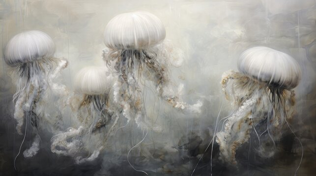  a painting of a group of jellyfish in various stages of being released to the water by a boat in the ocean.