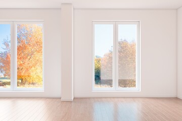 White empty room with autumn landscape in window. Scandinavian interior design. 3D illustration