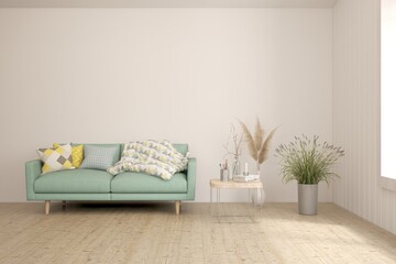Fototapeta na wymiar White scandinavian interior design with sofa. 3D illustration