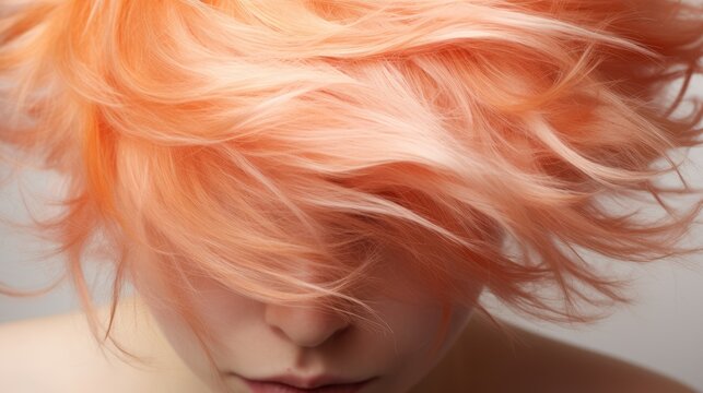  A Close Up Of A Woman's Hair With Bright Orange And Pink Streaks On Her Face And Face, With Her Hair Blowing In The Wind And Her Eyes Closed.