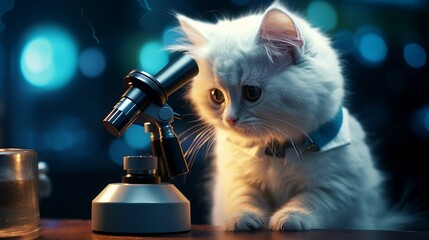 A kitten in a lab coat, acting as a scientist with a microscope