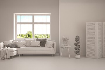 Grey living room concept with sofa and summer landscape in window. Scandinavian interior design. 3D illustration