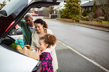 African American Family Unloading Groceries from Car