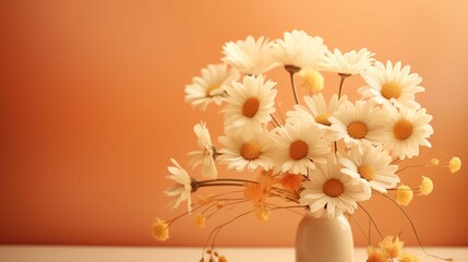 Chamomile daisy flowers bouquet on warm tan ginger background with sunlight shadows. Minimal stylish still life floral composition