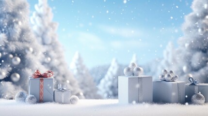 Christmas background with snow, pine trees, gifts and copy space for text.
