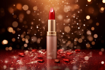Glamorous red lipstick tube on sparkling holiday background. Generative AI