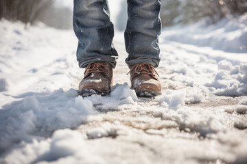 A man's feet in winter shoes take a step on a snowy road on a winter walk. Generative AI