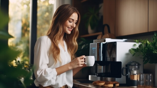 Woman using coffee machine to make big mug of coffee at home. Woman wearing silk robe at home while preparing a latte