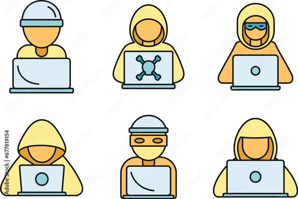Poster cyber hacker icons set. outline set of cyber hacker vector icons thin line color flat on white