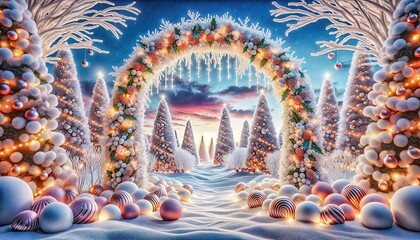 Whimsical Christmas scene featuring archway with festive trees, ornaments, and icicles, set against a twilight sky. Generative AI.