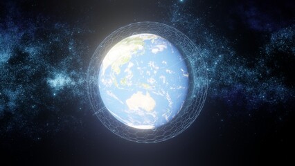 Space view of planet Earth covered with digital connections among artificial satellites transmitting data