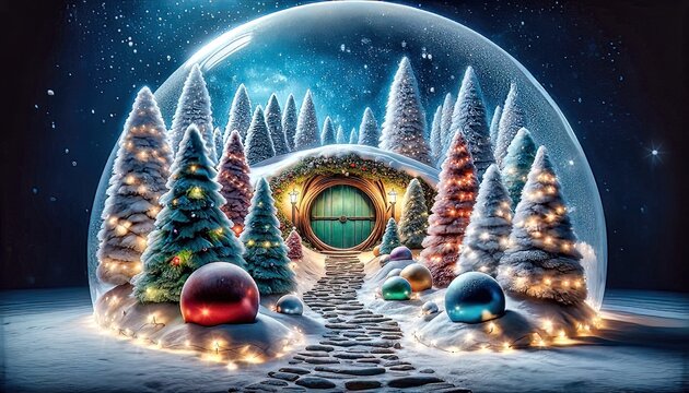 Magical Christmas snow globe scene with twinkling lights, festive trees, and a charming pathway leading to a round door. Generative AI.