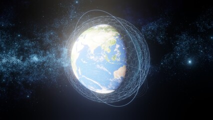 Space view of planet Earth covered with digital connections among artificial satellites transmitting data