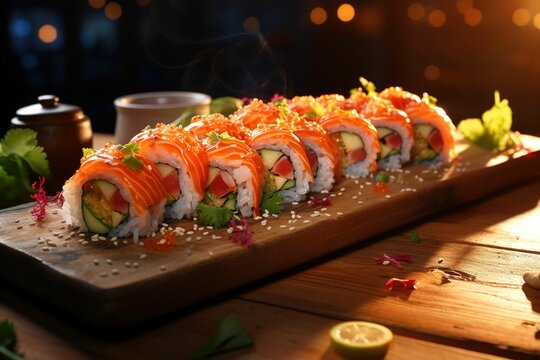 an unanga sushi is set out on a wooden table