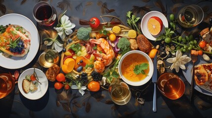 a table topped with plates of food next to bowls of fruit and veggies and a glass of wine.