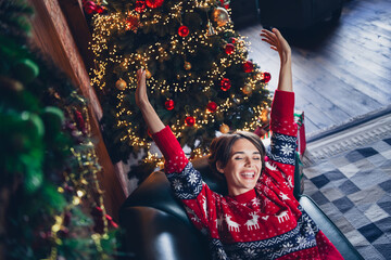 Photo of optimistic mood young woman brown bob hair raised arms up lying divan near xmas spirit adornment tree isolated on home background - obrazy, fototapety, plakaty