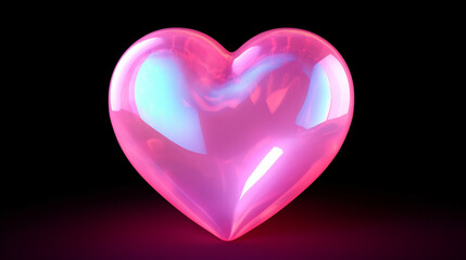 Pink iridescent shiny heart isolated on black background. 