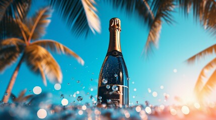 One black champagne bottle in ice bucket, colored scene, palm tree, sky blue, neon, Miami, blurred background