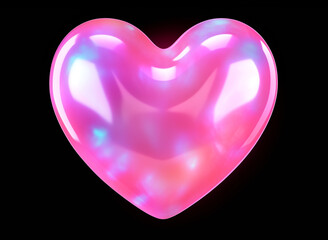 Pink iridescent 3d heart isolated on black background. 