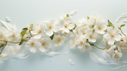 Panoramic shot of jasmine flowers on white surface