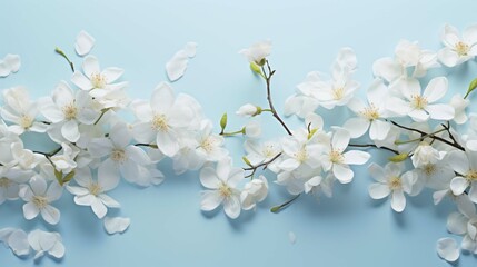 Panoramic shot of jasmine flowers on white surface