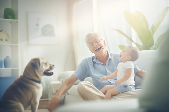A grandfather has fun and enjoys taking care of his grandson while relaxing in the living room armchair, with the pet by his side.
