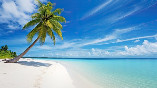 Beautiful palm tree on tropical island beach on background blue sky with white clouds and turquoise ocean on sunny day