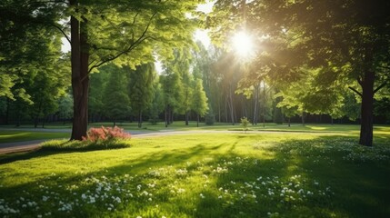 Obraz premium Beautiful summer landscape with green foliage in the park