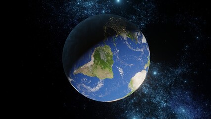 Sphere of nightly Earth planet in outer space. City lights on planet in Solar system.