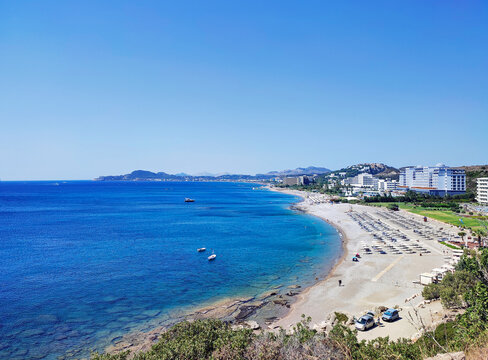 Ammoudes beach with hotels and resorts along Kallithea coast, Rhodes Island, Greece.
