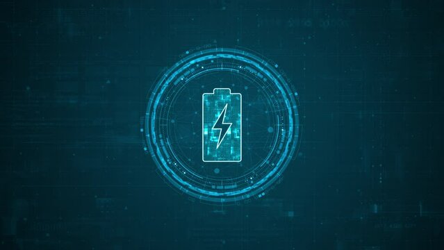 Motion graphic of Blue digital battery logo and circle futuristic HUD elements with flowing arrows with power reserve concepts on abstract background