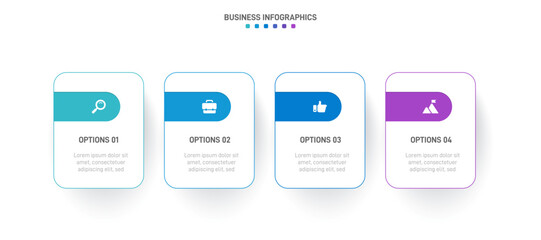 Timeline infographic with infochart. Modern presentation template with 4 spets for business process. Website template on white background for concept modern design. Horizontal layout.