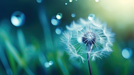 dandelions with drops of dew on a blue copy space background