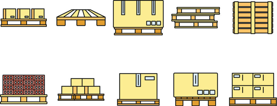 Pallet pan icons set. Outline set of pallet pan vector icons thin line color flat on white
