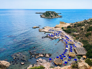 View of Secret Stegna Beach, Dodecanese, Rhodes Island, Greece.