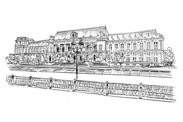 Palace of Justice. Bucharest. Romania. Hand drawn city sketch. Vector illustration.