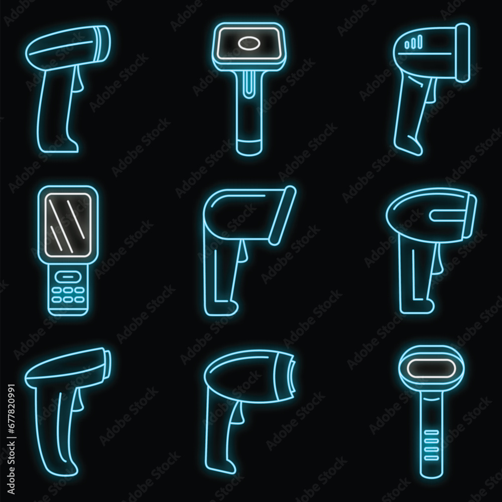 Poster operator barcode scanner icons set. outline set of operator barcode scanner vector icons neon color 