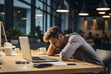 tired of work, the man fell asleep at the laptop while working - Powered by Adobe