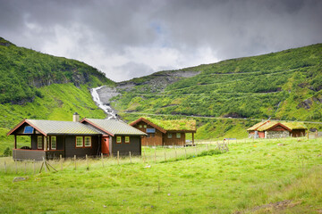 Wooden houses in the Myrkdals Valley, Norway - 677820981