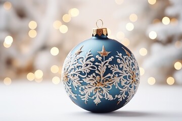 Beautiful blue Christmas tree ball close-up, Merry Christmas and Happy New Year, holiday card