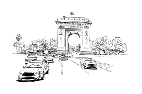 recommend clip art: Triumphal Arch. Bucharest. Romania. Hand drawn city sketch. Vector illustration.