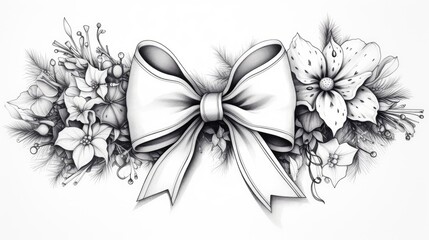  a black and white drawing of a bow with flowers on the bottom of the bow, and a ribbon on the bottom of the bow.