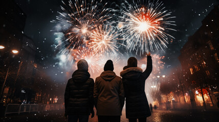 Fototapeta na wymiar Firework explosion in the night sky celebrating happy new year 2024 . National firework shooting in the beautiful sky for a new year day of year 2024 .