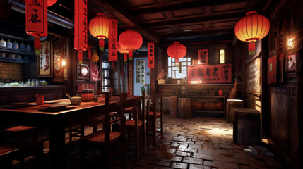 Fototapeta na wymiar Restaurant typique japonais. Ambiance asiatique, lumières. Lieu de restauration. Pour conception et création graphique.