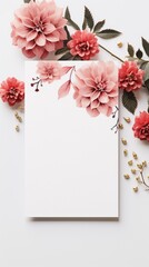 Holiday mocap, illustration of a blank sheet of paper with drawn pink dahlias, valentine's day or birthday concept