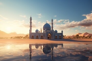 mosque in sunset, mosque on beach - obrazy, fototapety, plakaty